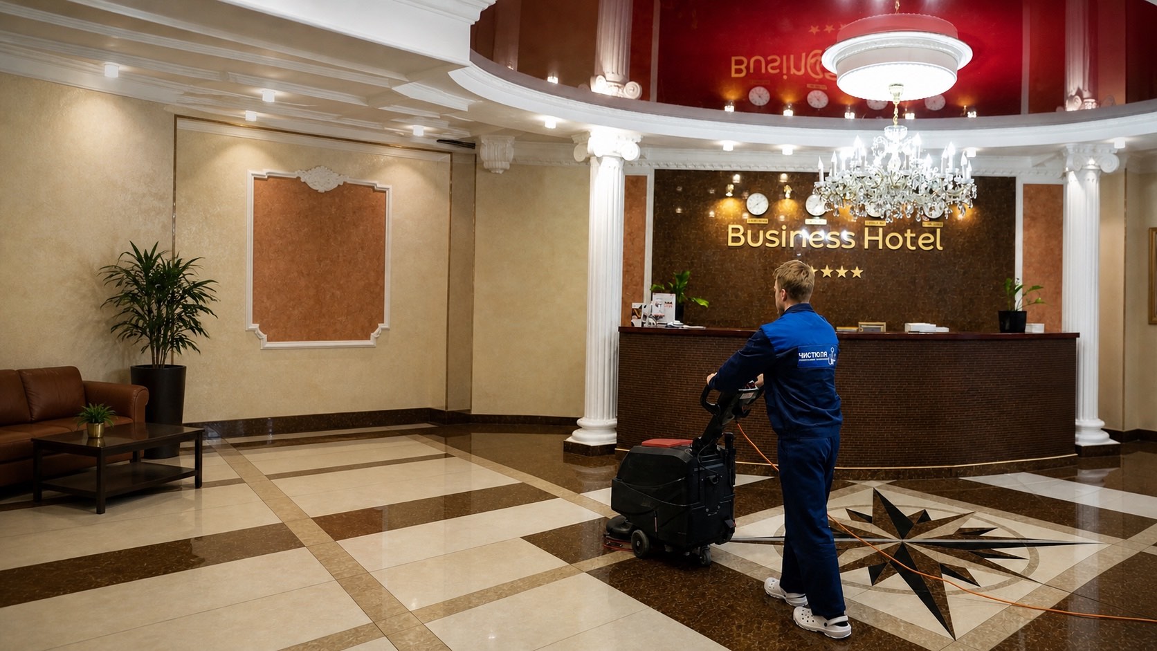 Специалист Чистюли проводит механизированную уборку коммерческого объекта